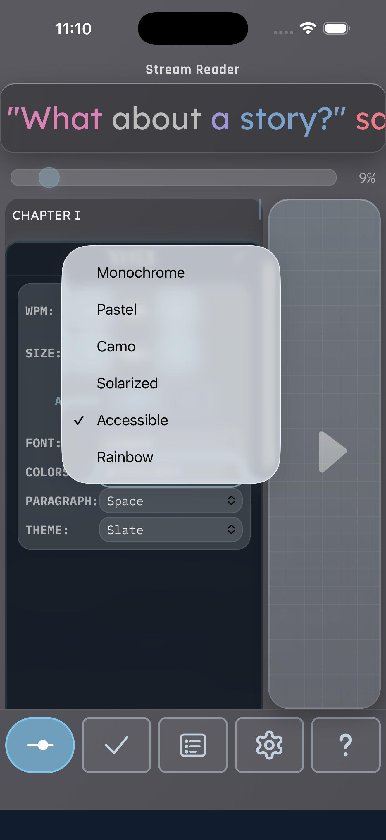 Stream Reader's customization screen with controls for font, text size, reading speed, and optional word coloring.