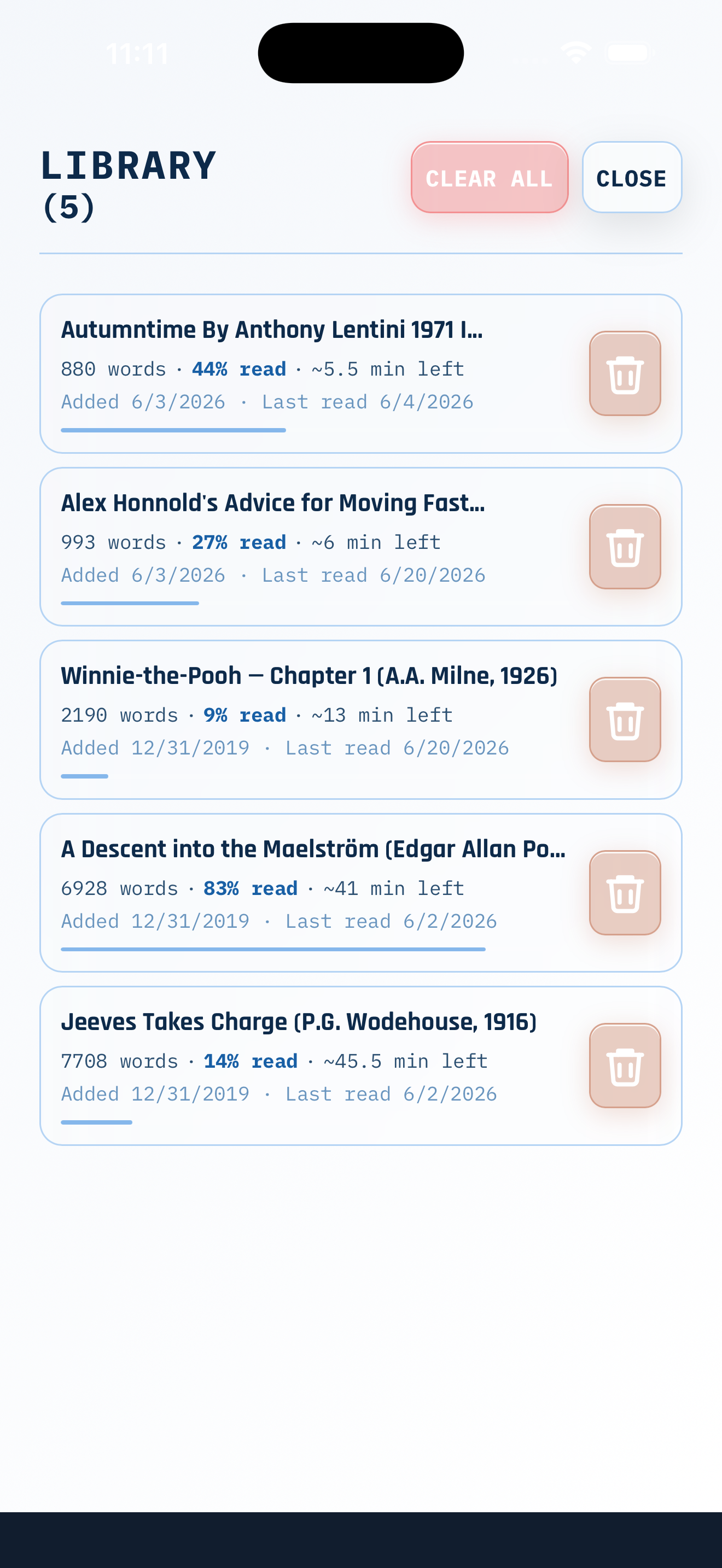 Stream Reader's library screen showing saved pieces with progress, ready to pick up where you left off.