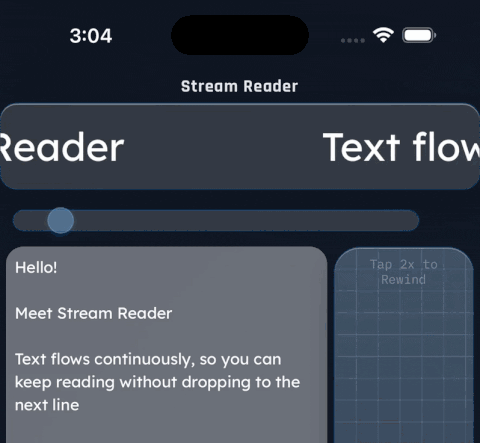 A line of text streaming smoothly from right to left through a reading window, one line at a time.